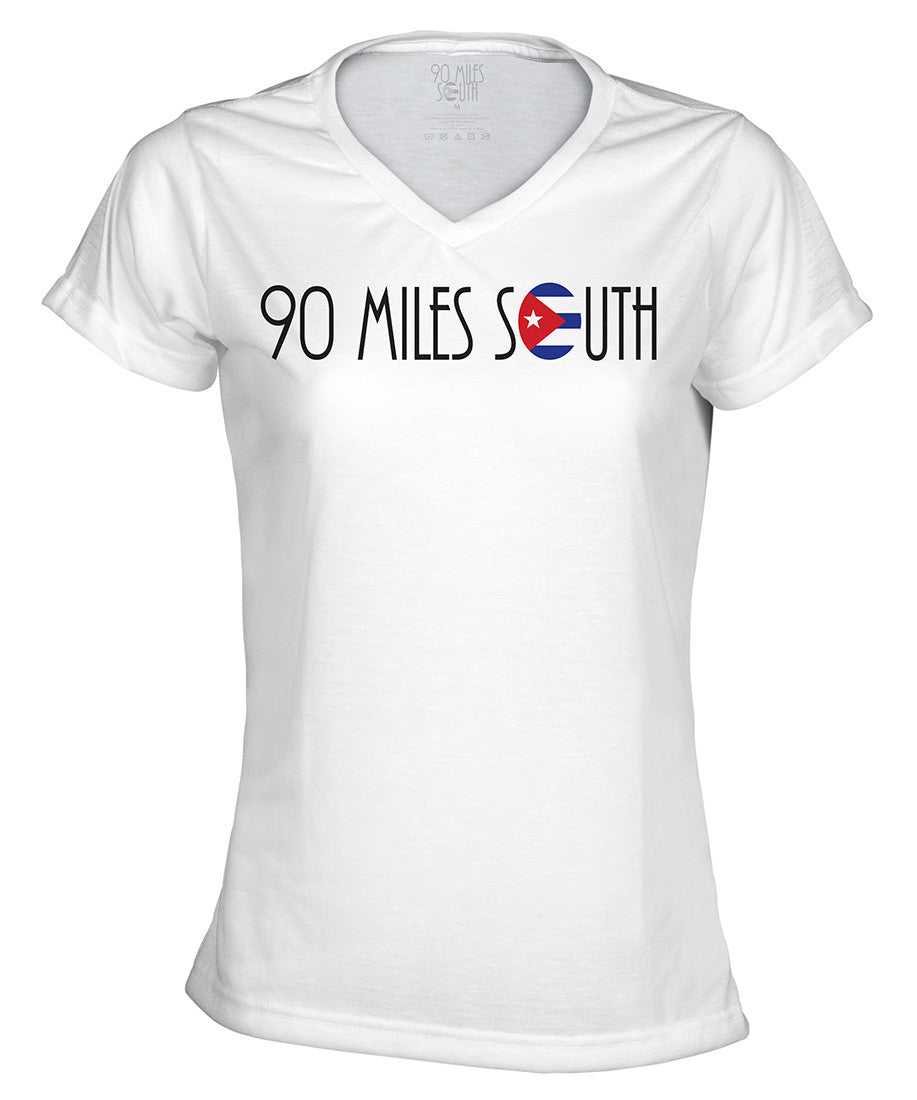 Front view of ladies white short sleeve shirt with gradient red-blue logo