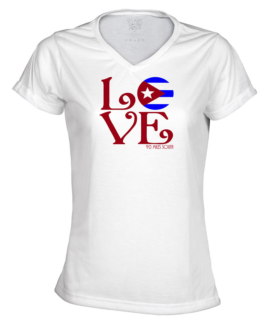 Front of ladies white short sleeve v-neck with LOVE graphic