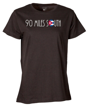 Front view of ladies black short sleeve shirt with white 90 Miles South logo