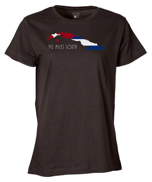 Front view of ladies black short sleeve shirt with outline of the map of Cuba