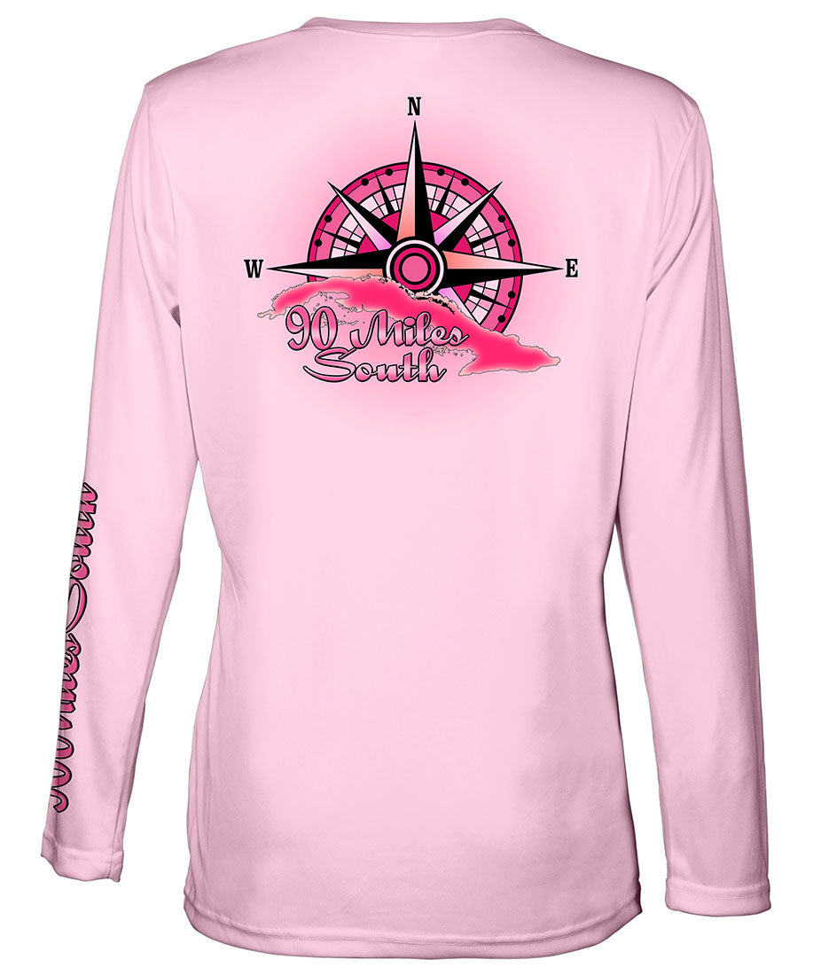 Ladies Cuba V-Neck | back view of a light pink long sleeve performance v-neck t-shirt depicting a pink compass rose artwork and outline of the island of Cuba