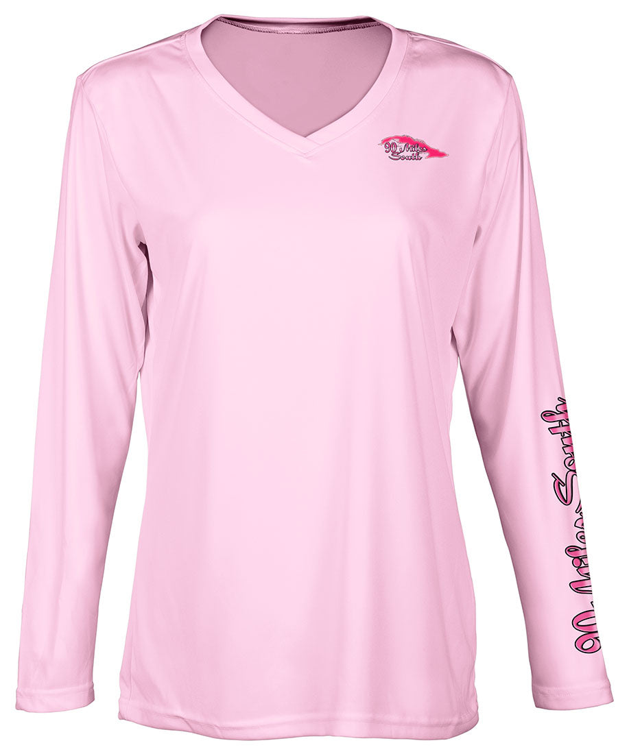 Ladies Cuba V-Neck | back view of a light pink long sleeve performance v-neck t-shirt depicting a pink compass rose artwork and outline of the island of Cuba