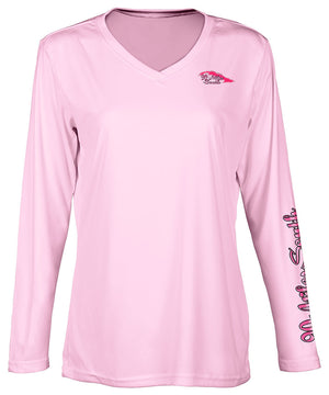 front view of a ladies light pink v-neck performance shirt with 90 Miles South Island left chest logo and right sleeve copy saying “90 Miles South”