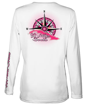 Ladies Cuba V-Neck | back view of a white long sleeve performance v-neck t-shirt depicting a pink compass rose artwork and outline of the island of Cuba