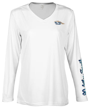 front view of a ladies white v-neck performance shirt with 90 Miles South Island left chest logo and right sleeve copy saying “90 Miles South”