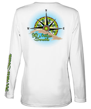 Ladies V-Neck | back view of a white long sleeve performance v-neck t-shirt depicting a green compass rose artwork and outline of the island of Cuba