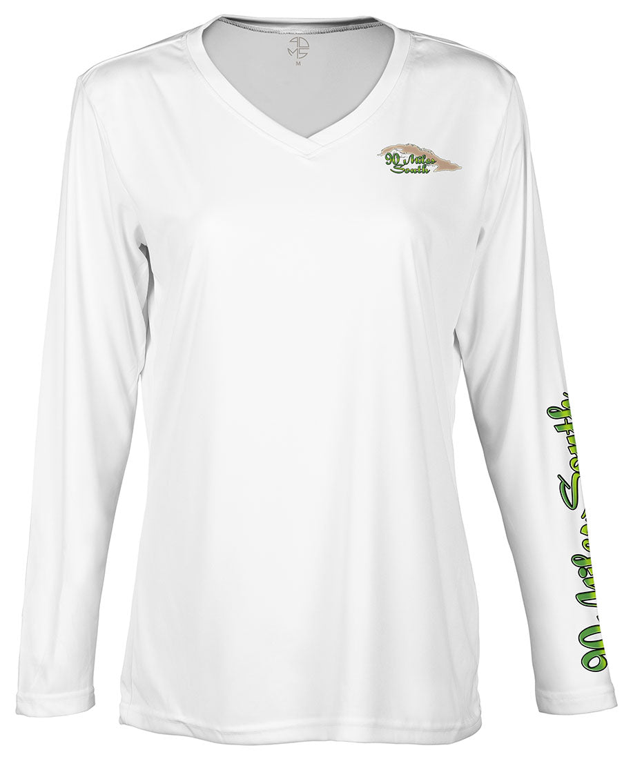 Ladies Cuban t-shirts | Bluestriped Grunts - back view of a white long sleeve ladies performance v-neck depicting a school of Bluestriped Grunt fish over Cuban flag