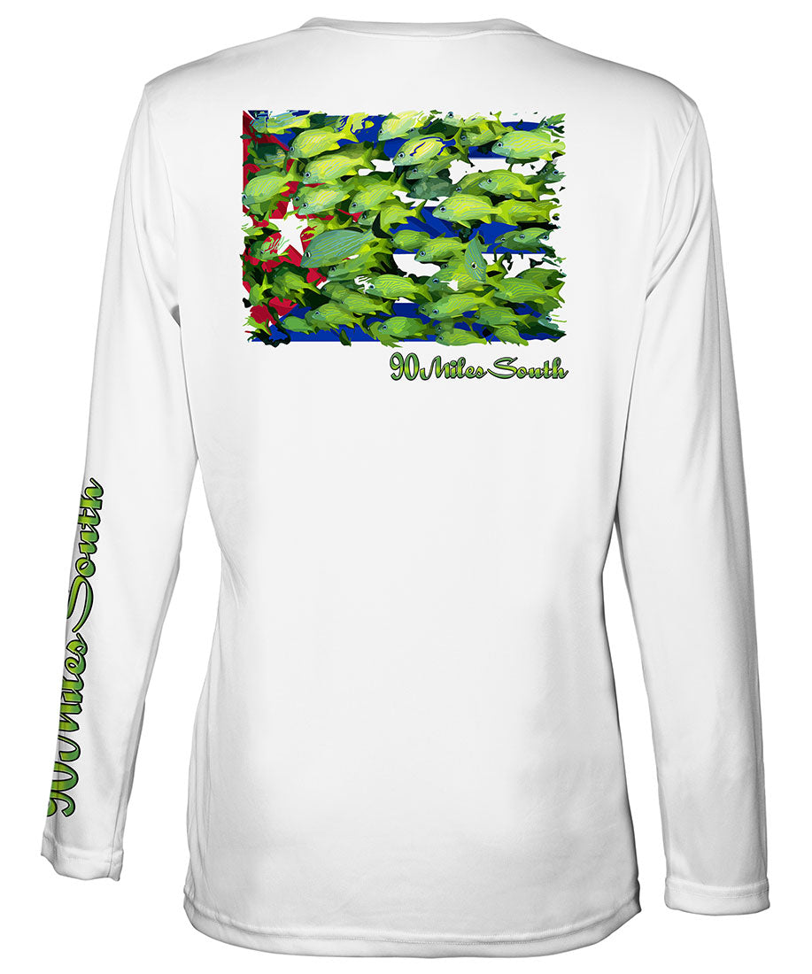Ladies Cuban t-shirts | Bluestriped Grunts - back view of a white long sleeve ladies performance v-neck depicting a school of Bluestriped Grunt fish over Cuban flag