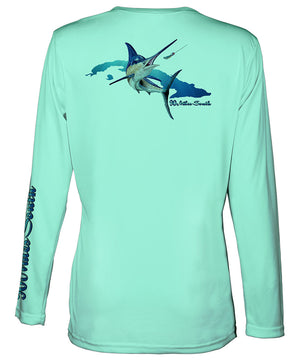 Ladies Cuban tees | Blue Marlin - back view of a sea foam green ladies long sleeve performance v-neck shirt depicting a blue marlin and the island of Cuba 