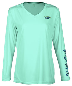 front view of a ladies sea foam green v-neck performance shirt with 90 Miles South Island left chest logo and right sleeve copy saying “90 Miles South”
