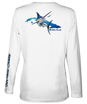 Ladies Cuban tees | Blue Marlin - back view of a white ladies long sleeve performance v-neck shirt depicting a blue marlin and the island of Cuba 
