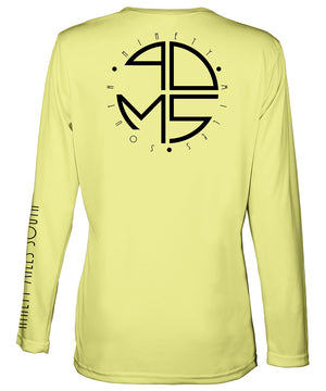 Ladies V-Neck | 90MS Round Logo Shirt | back view of a canary yellow ladies long sleeve performance v-neck shirt featuring 90 Miles South big round logo