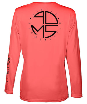 Ladies V-Neck | 90MS Round Logo Shirt | back view of a coral ladies long sleeve performance v-neck shirt featuring 90 Miles South big round logo
