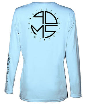 Ladies V-Neck | 90MS Round Logo Shirt | back view of a light blue ladies long sleeve performance v-neck shirt featuring 90 Miles South big round logo