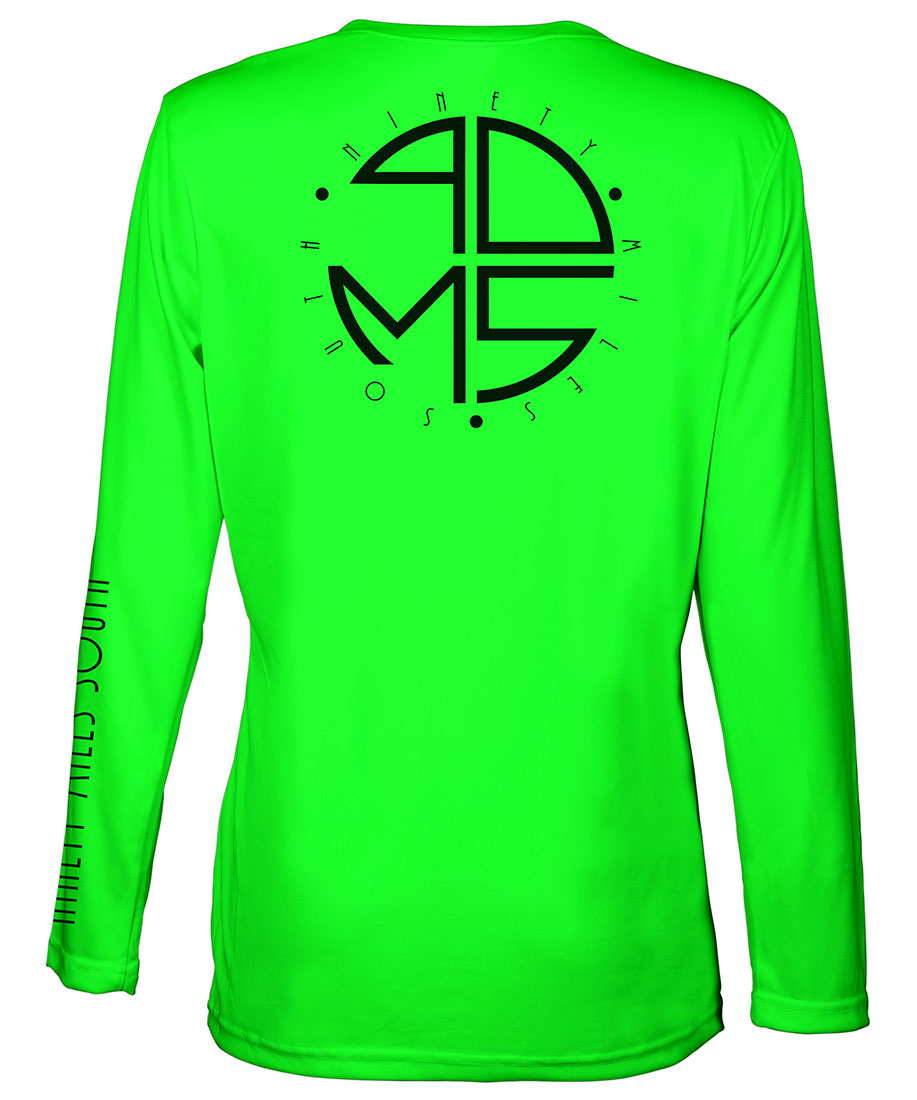 Ladies V-Neck | 90MS Round Logo Shirt | back view of a neon green ladies long sleeve performance v-neck shirt featuring 90 Miles South big round logo