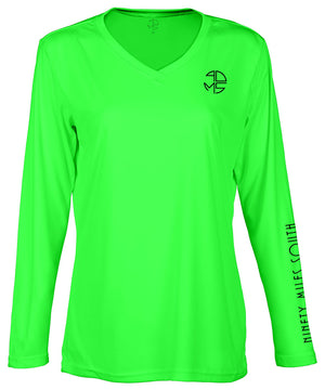 front view of a ladies neon green v-neck performance shirt with 90 Miles South Round left chest logo and right sleeve copy saying “90 Miles South”