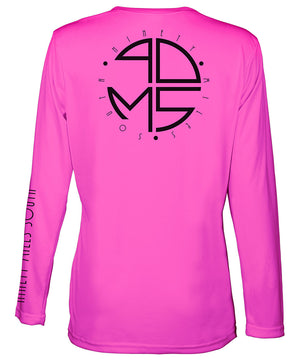Ladies V-Neck | 90MS Round Logo Shirt | back view of a neon pink ladies long sleeve performance v-neck shirt featuring 90 Miles South big round logo