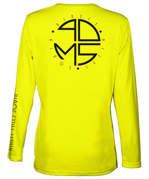 Ladies V-Neck | 90MS Round Logo Shirt | back view of a neon yellow ladies long sleeve performance v-neck shirt featuring 90 Miles South big round logo