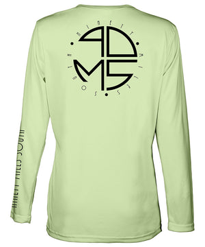 Ladies V-Neck | 90MS Round Logo Shirt | back view of a olive green ladies long sleeve performance v-neck shirt featuring 90 Miles South big round logo