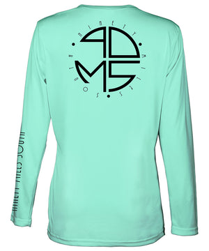 Ladies V-Neck | 90MS Round Logo Shirt | back view of a sea foam green ladies long sleeve performance v-neck shirt featuring 90 Miles South big round logo
