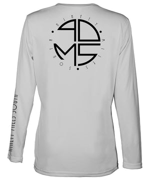 Ladies V-Neck | 90MS Round Logo Shirt | back view of a light silver ladies long sleeve performance v-neck shirt featuring 90 Miles South big round logo