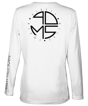 Ladies V-Neck | 90MS Round Logo Shirt | back view of a white ladies long sleeve performance v-neck shirt featuring 90 Miles South big round logo