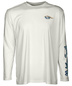 front view of a light tan long sleeve performance T-Shirt shirt with a left chest 90 miles south Island Logo and left sleeve logo