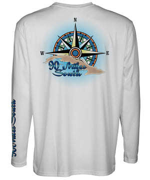 Cuban T-Shirt | Blue Compass Rose - back view of a light grey long sleeve performance t-shirt depicting blue compass rose artwork and outline of the island of Cuba 