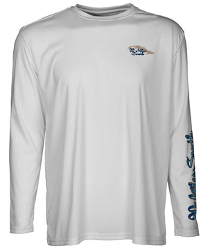 front view of a light grey long sleeve performance T-Shirt shirt with a left chest 90 miles south Island Logo and left sleeve logo