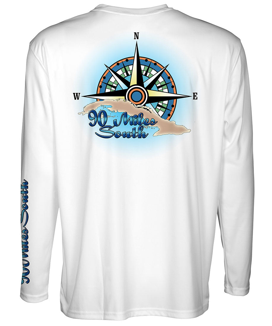 Cuban T-Shirt | Blue Compass Rose - back view of a white long sleeve performance t-shirt depicting blue compass rose artwork and outline of the island of Cuba 