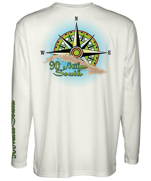 Cuban T-Shirt | Green Compass Rose - back view of a light tan long sleeve performance t-shirt depicting a green compass rose artwork and outline of the island of Cuba 