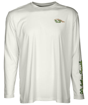 front view of a light tan long sleeve performance T-Shirt shirt with a left chest 90 miles south Island Logo and left sleeve logo