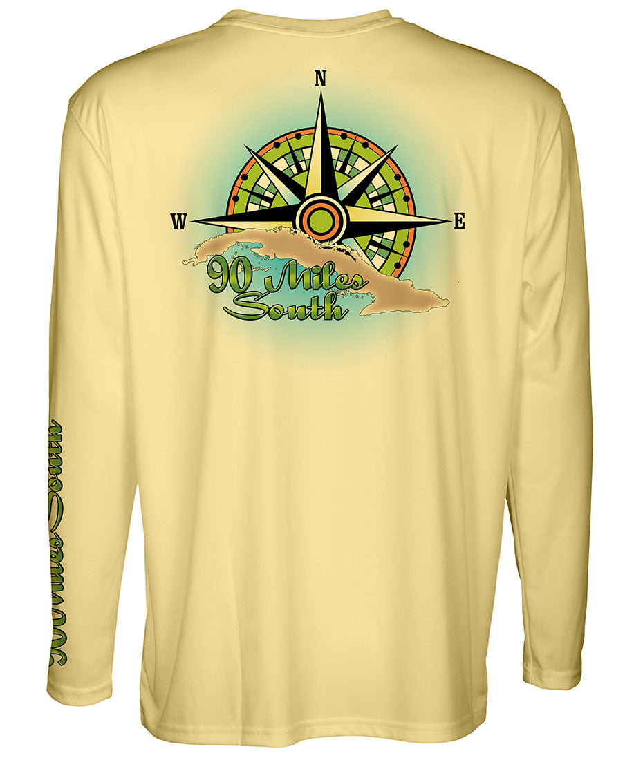 Cuban T-Shirt | Green Compass Rose - back view of a light yellow long sleeve performance t-shirt depicting a green compass rose artwork and outline of the island of Cuba 