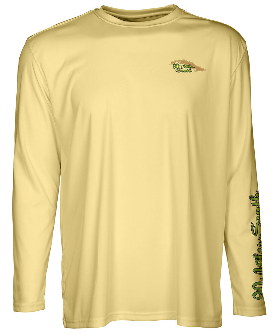 Cuban T-Shirt | Green Compass Rose - back view of a light yellow long sleeve performance t-shirt depicting a green compass rose artwork and outline of the island of Cuba 