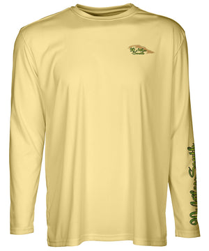 front view of a light yellow long sleeve performance T-Shirt shirt with a left chest 90 miles south Island Logo and left sleeve logo