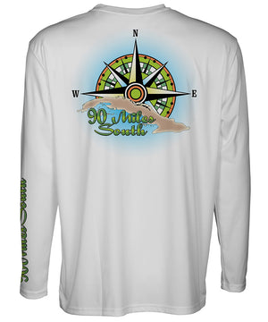 Cuban T-Shirt | Green Compass Rose - back view of a light grey long sleeve performance t-shirt depicting a green compass rose artwork and outline of the island of Cuba 