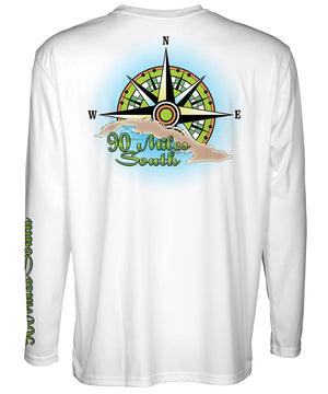 Cuban T-Shirt | Green Compass Rose - back view of a white long sleeve performance t-shirt depicting a green compass rose artwork and outline of the island of Cuba 