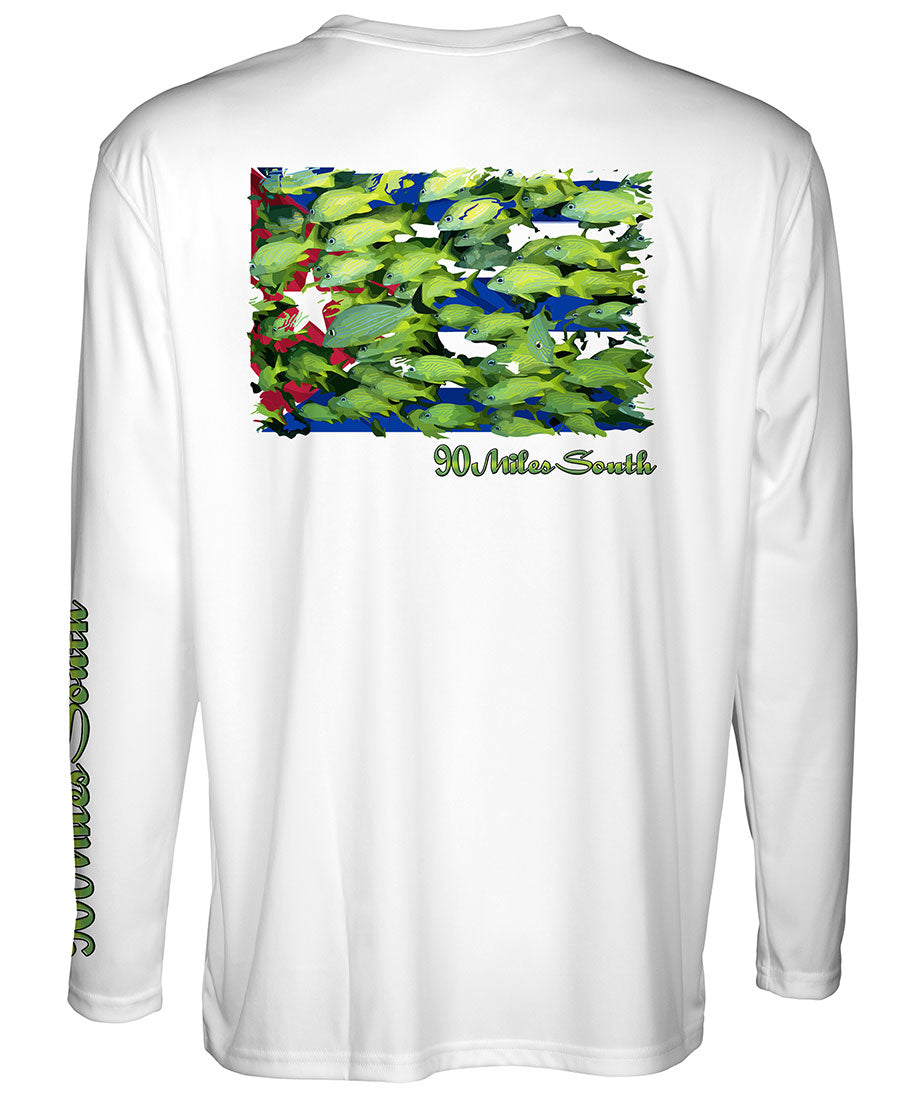 Cuban Themed Shirts | Bluestriped Grunts - back view of a white long sleeve performance t-shirt depicting a school of Bluestriped Grunt fish over Cuban flag