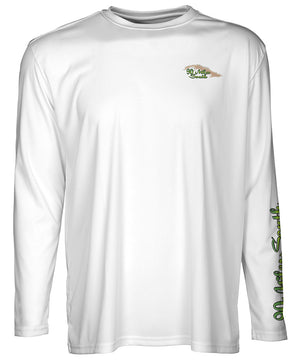 front view of a white long sleeve performance T-Shirt shirt with a left chest 90 miles south Island Logo and left sleeve log