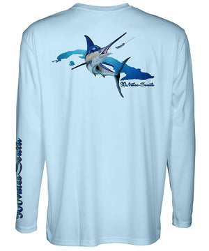 Cuban T-Shirt | Blue Marlin - back view of a light blue long sleeve performance t-shirt depicting a blue marlin and the island of Cuba 