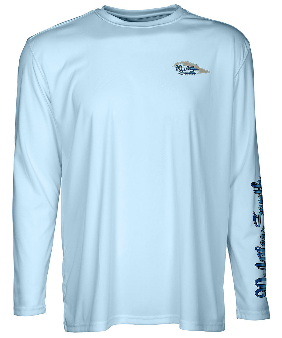 Cuban T-Shirt | Blue Marlin - back view of a light blue long sleeve performance t-shirt depicting a blue marlin and the island of Cuba 