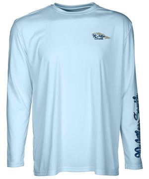 front view of a light blue long sleeve performance T-Shirt shirt with a left chest 90 miles south Island Logo and left sleeve logo