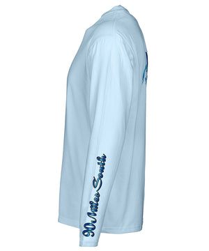side view of a light blue long sleeve performance t-shirt featuring 90 miles south sleeve logo