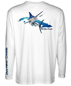 Cuban T-Shirt | Blue Marlin - back view of a white long sleeve performance t-shirt depicting a blue marlin and the island of Cuba 