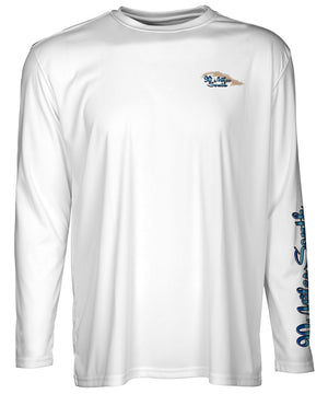 front view of a white long sleeve performance T-Shirt shirt with a left chest 90 miles south Island Logo and left sleeve logo