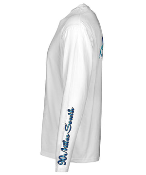 side view of a white long sleeve performance t-shirt featuring 90 miles south sleeve logo