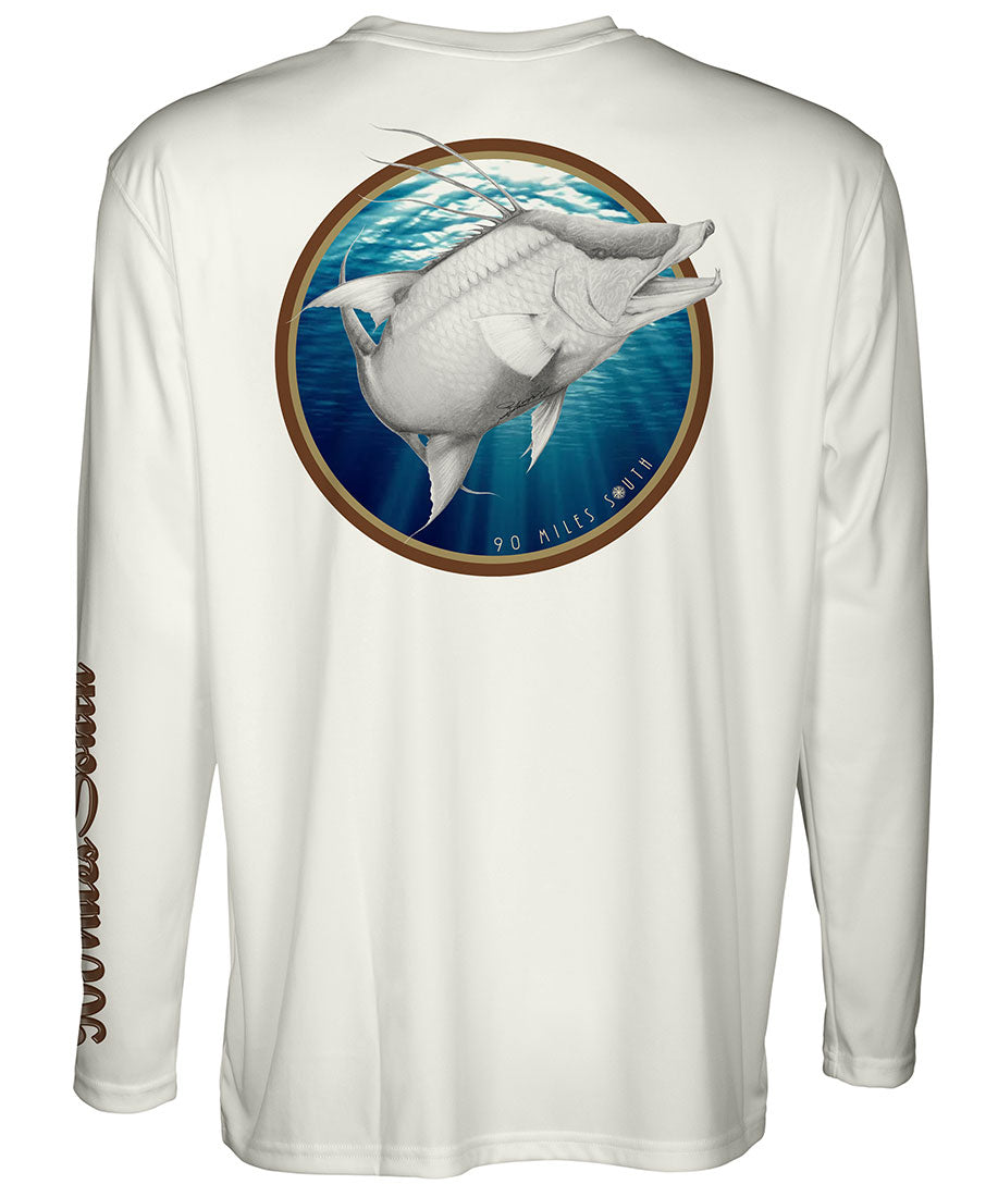 90MS Hogfish - back view of a light tan long sleeve performance t-shirt with a beautiful technical illustration of a hogfish