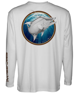 90MS Hogfish - back view of a light grey long sleeve performance t-shirt with a beautiful technical illustration of a hogfish