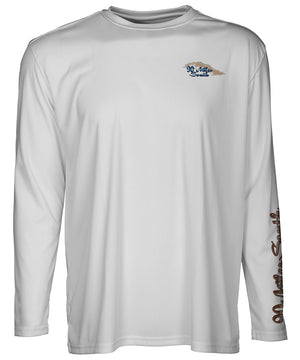 front view of a light grey long sleeve performance T-Shirt shirt with a left chest 90 miles south Island Logo and left sleeve logo