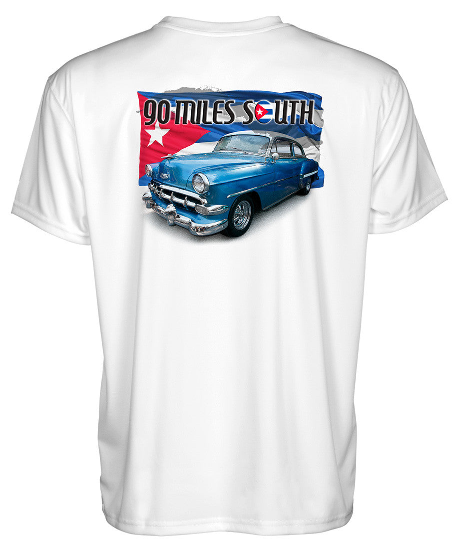 back view of white short sleeve shirt depicting Cuban flag and 1950's Chevy